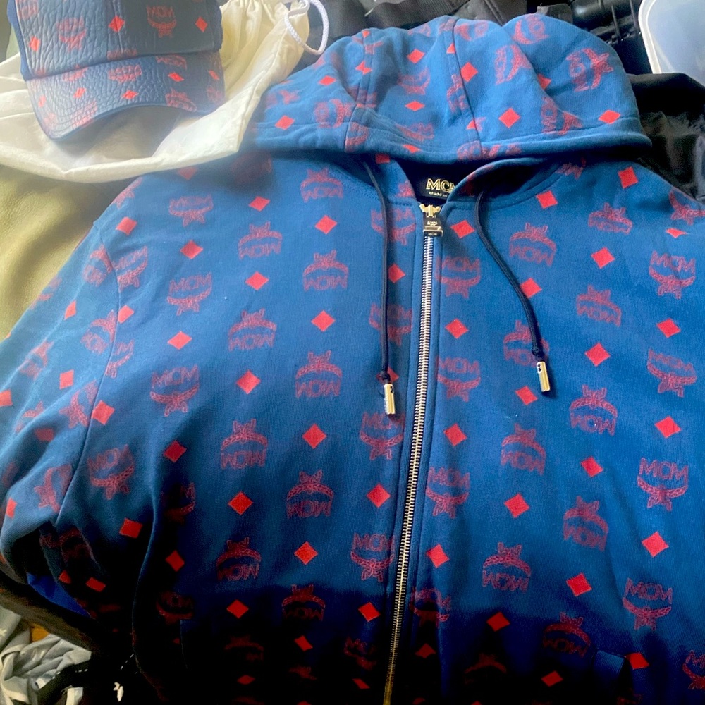 Mcm blue vistos hoodie and and hat matching combo.